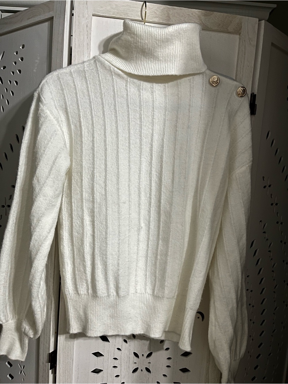 Classic Cream Oversized Turtleneck Button Cold Shoulder Sweater